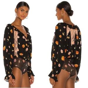 Free People Intimately Poppy Ruffle Bodysuit NWT Black Floral